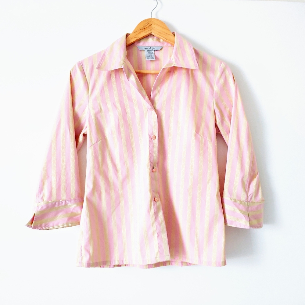 Mac & Jac Striped Collared Button Up Pink Blouse Shirt Sz 4
